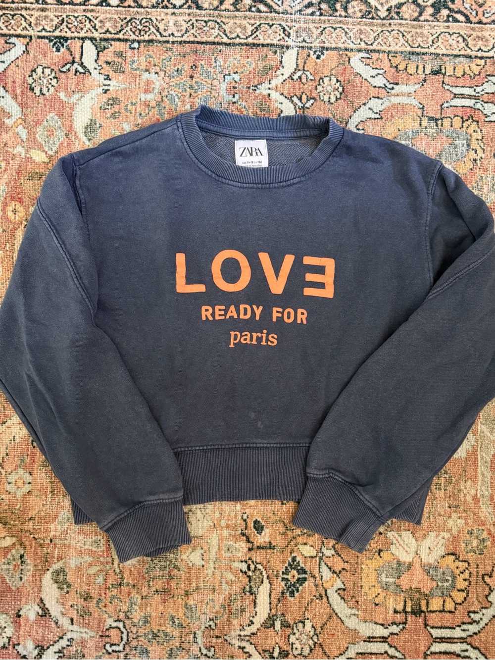 Zara Navy Sweatshirt with Orange 'LOVE Ready for Paris' Graphic - Picture 3 of 4